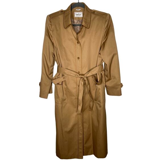 Vintage 1970s Womans M Classic Trench Coat Cotton Canvas Puff Shoulder Tan Brown - Picture 1 of 13